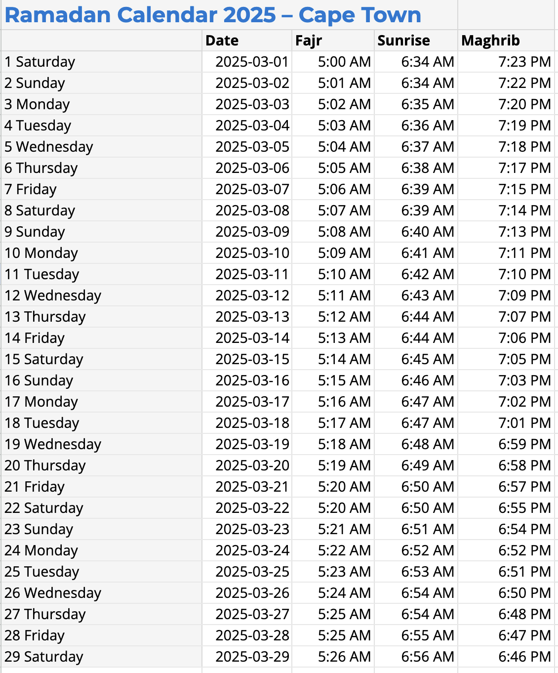 Ramadan Timetable 2025 Islamic Relief South Africa